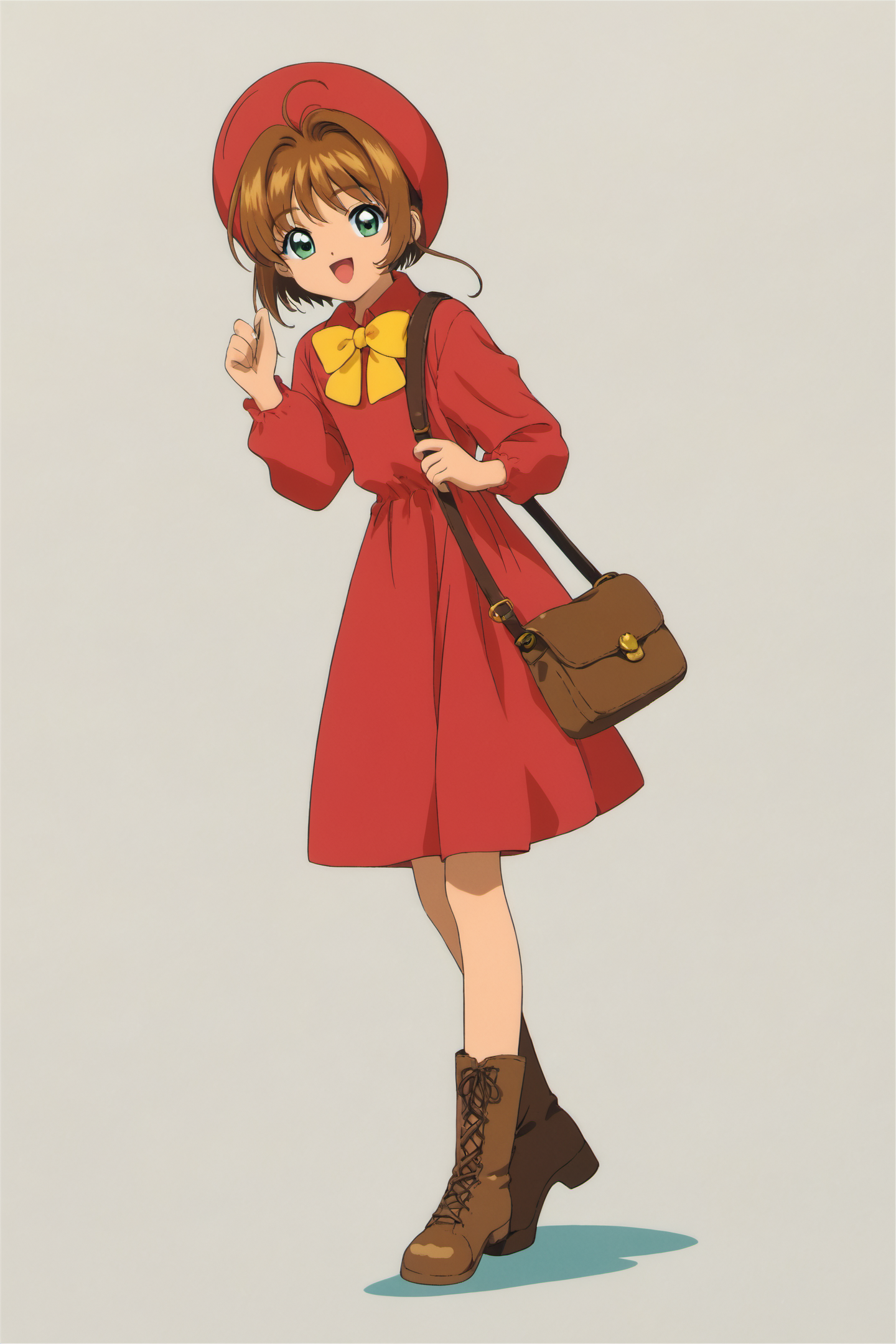 26901-3751546757-1girl,brown hair,bag,hat,jacket,smile,long sleeves,open mouth,_d,short hair,brown footwear,looking at viewer,white background,ba.png